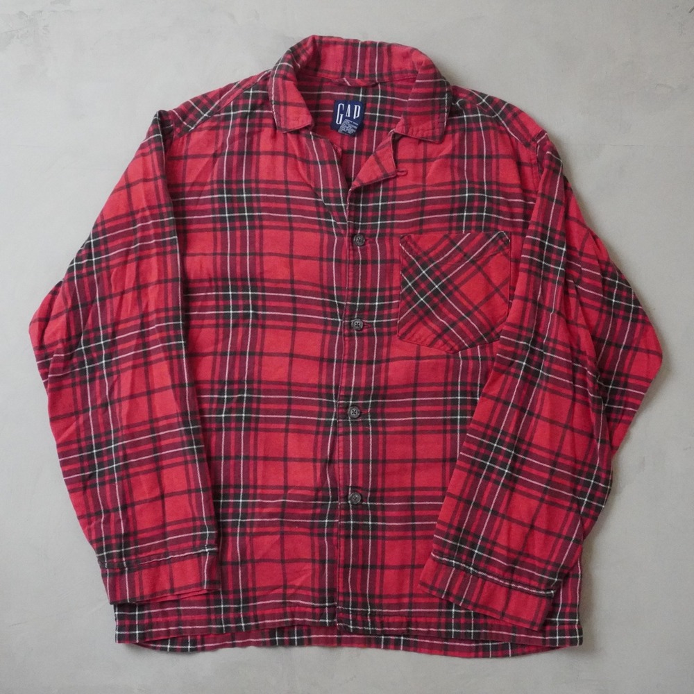Vintage Gap Flannel Loop Collar Shirt Small Mens Red Black Plaid Cotton Soft